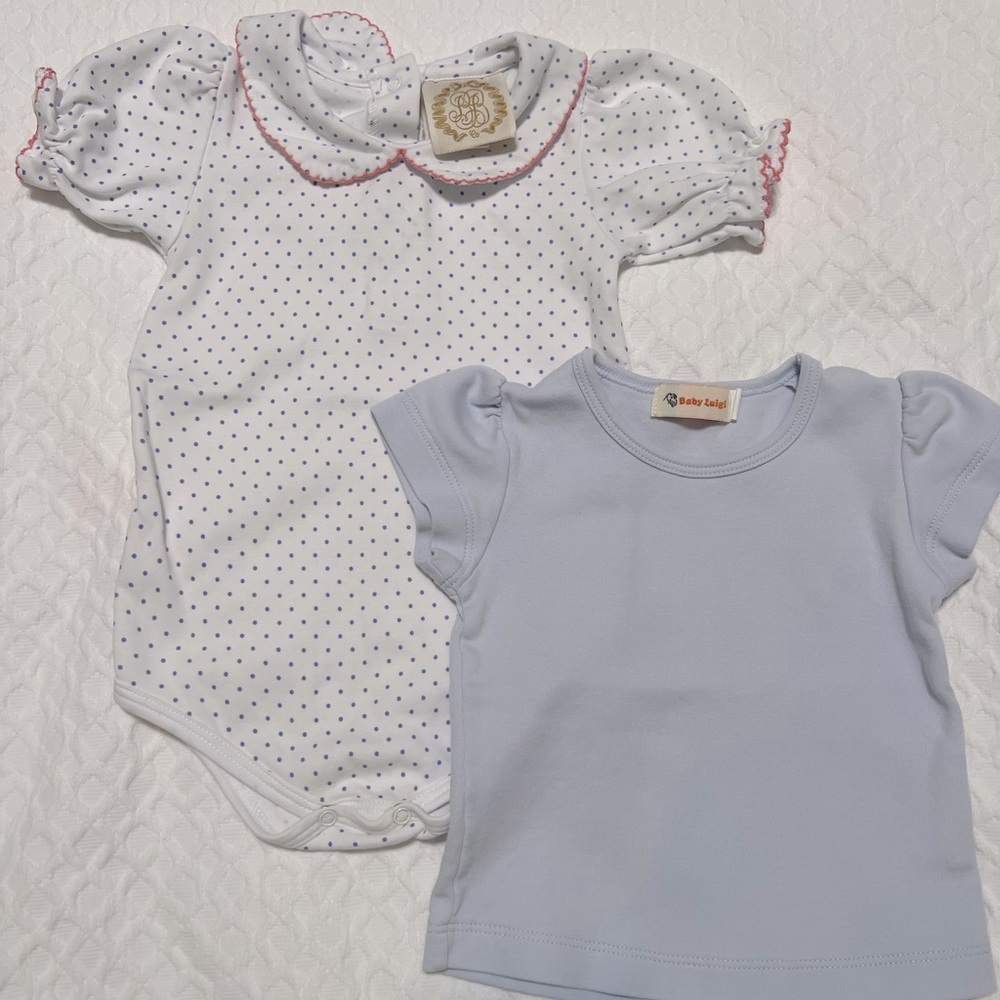 Beaufort Bonnet onesie and Luigi solid blue puff sleeve shirt